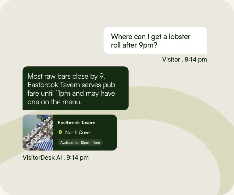 A visitor asks at 9:14 pm where to get a lobster roll, and VisitorDesk AI recommends a member tavern that is still open